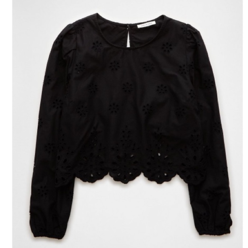 Black Long-Sleeve eyelit detail High Neck Crop Top